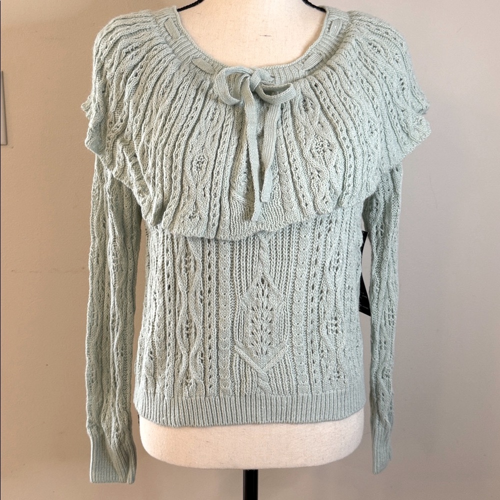 Broadway 38 boho crochet Sweater pastel light green wide collar coquette bow LG
